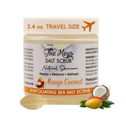 The Keys Mango Coconut Sea Salt Scrub - Natural Exfoliating Body Scrub with Wooden Spoon, Organic Moisturizing Exfoliator for Face, Hand, Foot, Bath, Manicure/Pedicure & Bikini Area, 3.4 oz
