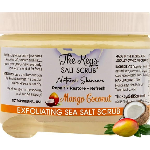 The Keys Mango Coconut Sea Salt Scrub - Natural Exfoliating Body Scrub with Wooden Spoon, Organic Moisturizing Exfoliator for Face, Hand, Foot, Bath, Manicure/Pedicure & Bikini Area, 12 oz