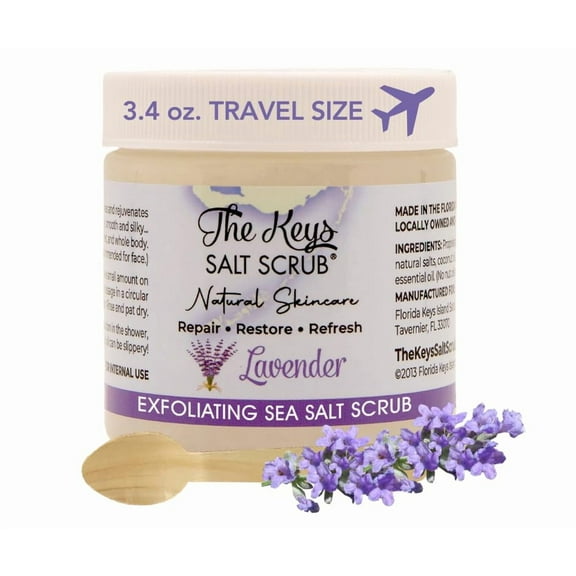 The Keys Salt Scrub, Lavender Exfoliating Body Scrub for Women & Men, Deep Cleansing for Hands, Feet & Bikini Area, Sea Salt Scrub with Florida Salt, Essential Oils, Nutrients & Wooden Spoon, 3.4 oz