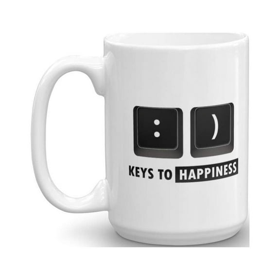 Keys To Happiness Funny Keyboard Pun Coffee & Tea Gift Mug Cup, Things And Office Supplies For A Typist, Computer Scientist, Software Engineer, Programmer, IT, Clerk & PC Gamer (15oz)