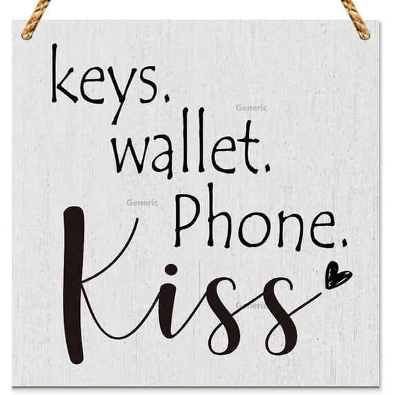 Keys Wallet Phone Kiss Wooden Sign Decorative Home Entrance Reminder Wood Sign Decor Farmhouse Square Decor Sign for Shelf Wood Sign Wooden Wall Decor 5 * 5 inch
