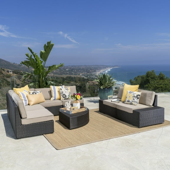 Keyston Outdoor 8 Piece Wicker Sectional with Beige Cushions