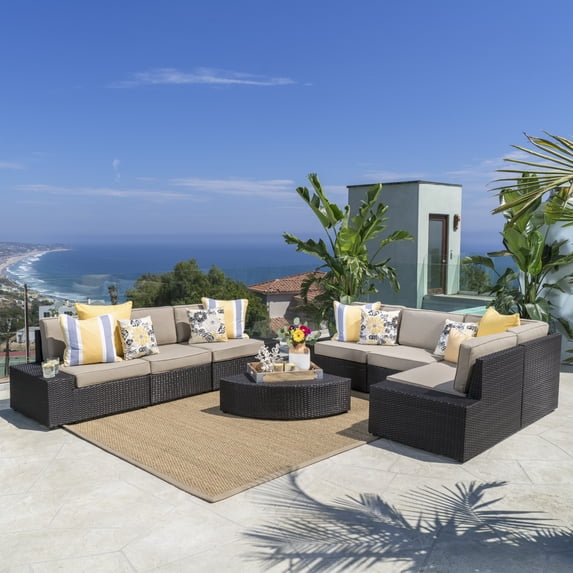 Keyston Outdoor 8 Piece Wicker Sofa Set with Cushions (6 Piece Sectional with Loveseat), Dark Brown, Beige