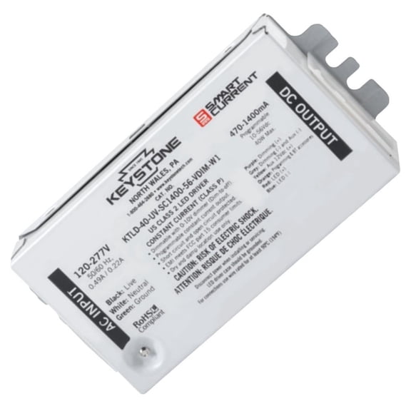 Keystone 13610 - 40 watt 120/277 volt Programmable Driver (KTLD-40-UV-SC1400-56-VDIM-W1 /USB 40W 120-277V Input 470-1400mA Programmab)