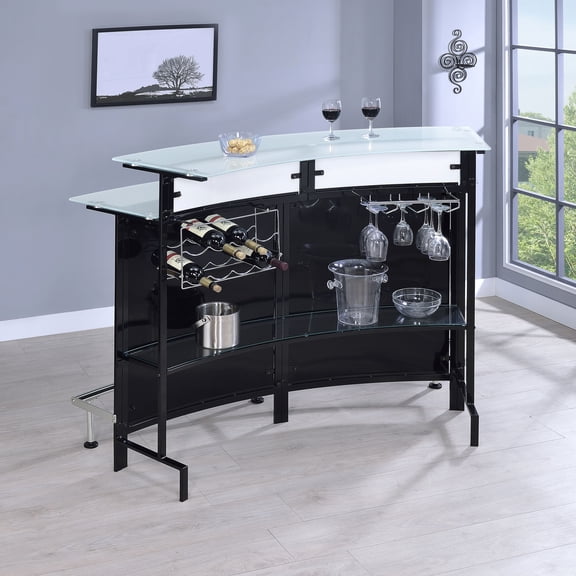 Keystone Black Curved Glass Top Home Storage Unit Beverage Cabinet | Elegant black finish, curved glass top, organized stemware and beverage storage
