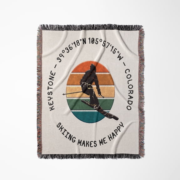 Keystone, Colorado. Silhouette Of Man Skier, Color Disk On White, Woven Blanket