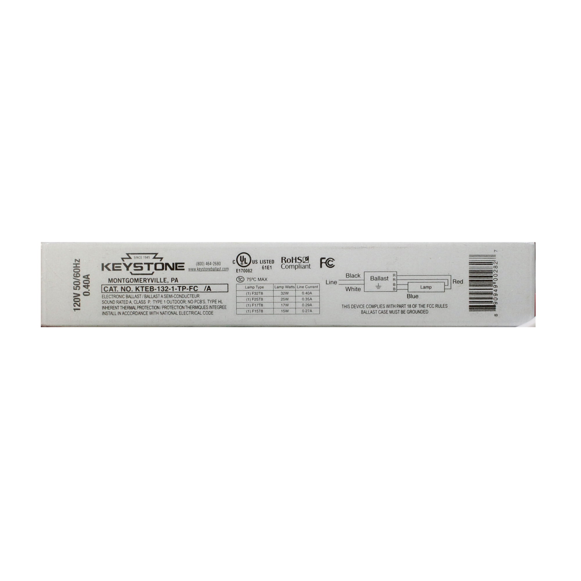 Keystone KTEB-132-1-TP-FC Fluorescent Ballast, 1-Lamp, F32T8, 32W T8, 120V