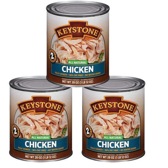 Keystone Meats All Natural Canned Chicken 28 oz (Pack of 3) Fully Cooked, 98% Fat Free, Gluten Free, Shelf Stable 5 Year Emergency Food, Ready to Eat Chicken, Made in USA