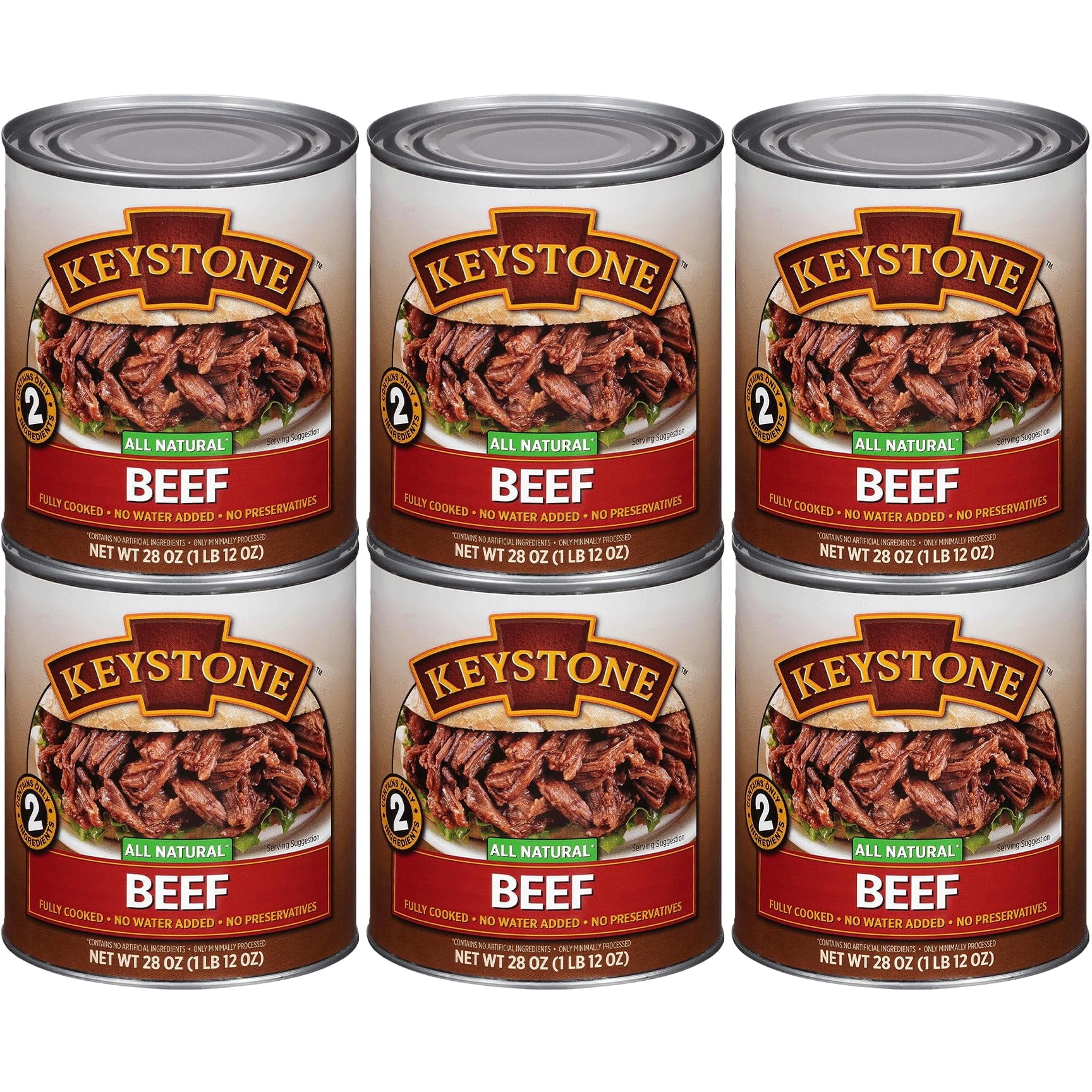 Keystone Meats All TWE5&nbsp;Natural Heat and Serve Beef Cooked Canned Meat Long Shelf Life Emergency Survival Canned Food Ready to Eat No Water No Preservatives Gluten Free Made in USA Pack of 6