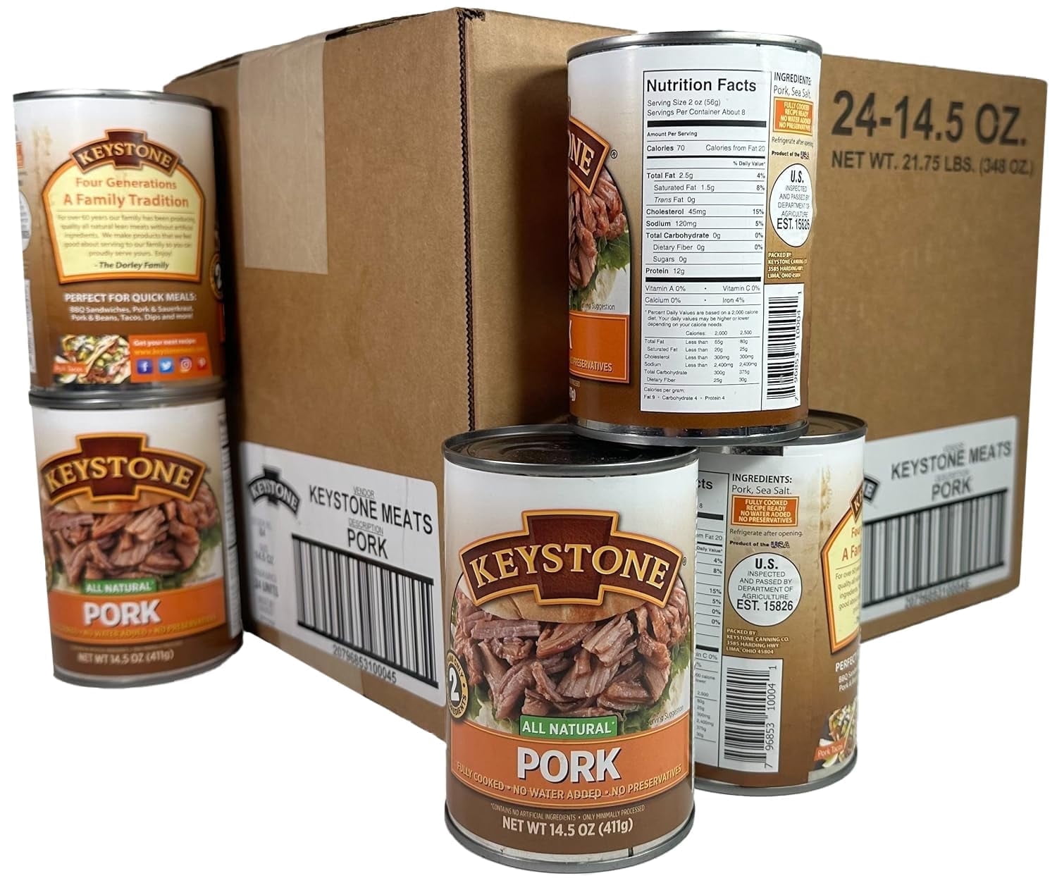 (Pack of 24) Keystone Meats All Natural Heat and Serve Canned Pork 14.5 Oz Fully Cooked Shelf Stable Canned Meat Emergency Survival Canned Food Ready to Eat No Preservatives Gluten Free Made in USA
