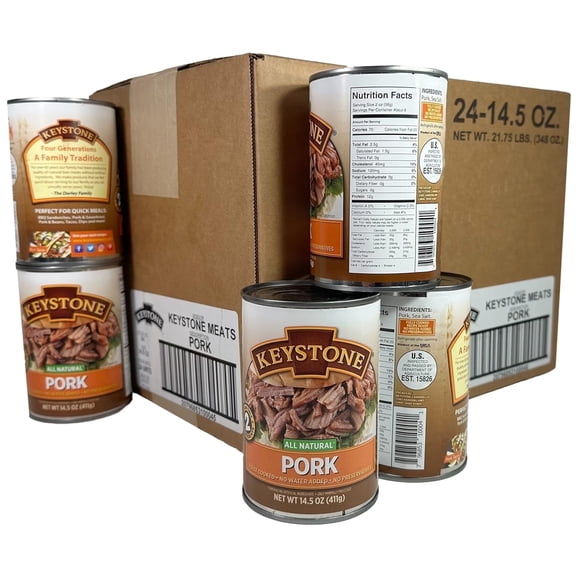 (Pack of 24) Keystone Meats All Natural Heat and Serve Canned Pork 14.5 Oz Fully Cooked Shelf Stable Canned Meat Emergency Survival Canned Food Ready to Eat No Preservatives Gluten Free Made in USA