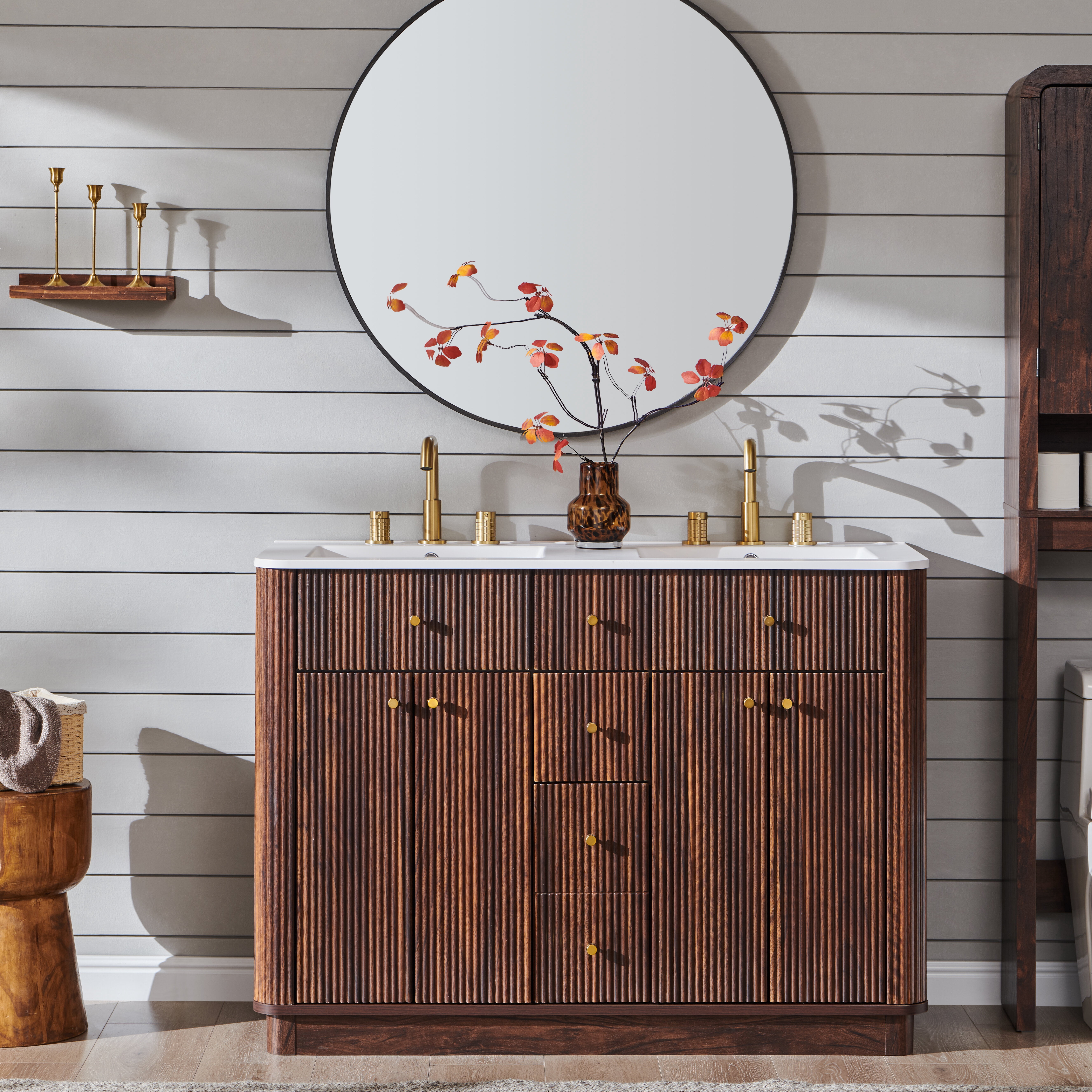 Keywhat 48" Bathroom Vanity with Sink, Modern Fluted Vanity with 2 Drawers & Storage Cabinet, Quick Assembly, Dark Walnut