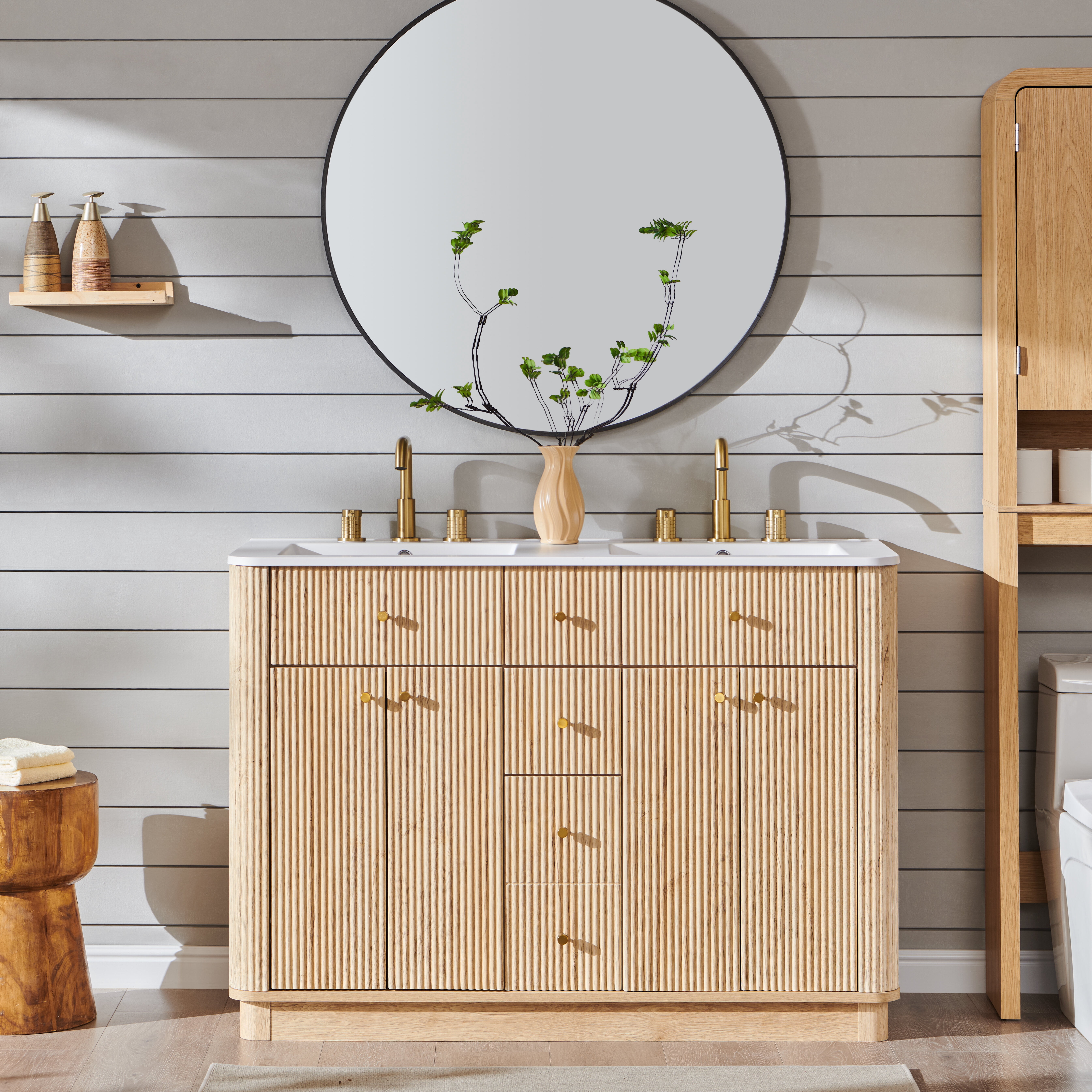 Keywhat 48" Bathroom Vanity with Sink, Modern Fluted Vanity with 2 Drawers & Storage Cabinet, Quick Assembly, Natural Oak