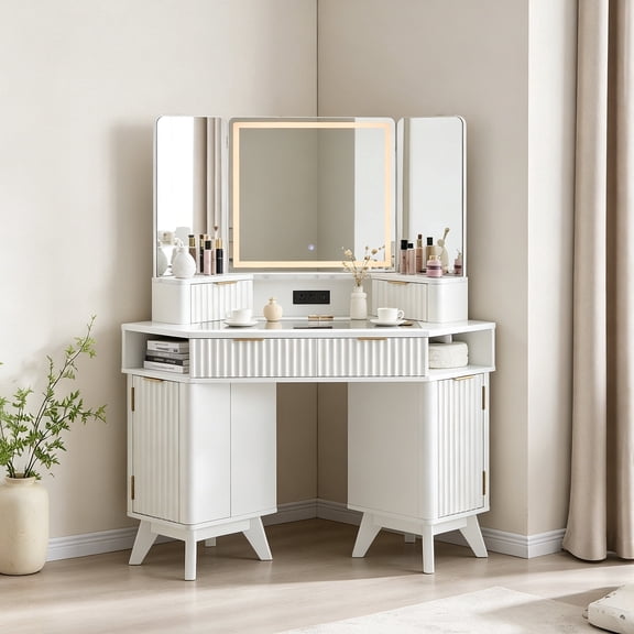 Keywhat 48" Corner Vanity Desk with LED Tri-Fold Mirror, 5 Drawers, Fluted Design, Charging Station, Glass Display Top for Bedroom, White