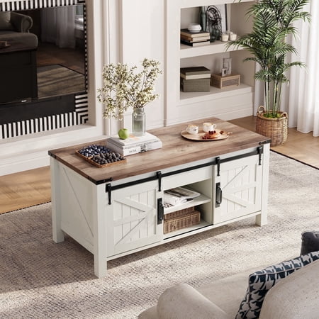Keywhat 48" Farmhouse Lift Top Coffee Table with Sliding Barn Door and Hidden Storage Compartment for Living Room, Office, Antique White