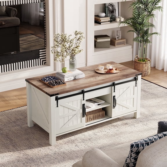 Keywhat 48" Farmhouse Lift Top Coffee Table with Sliding Barn Door and Hidden Storage Compartment for Living Room, Office, Antique White