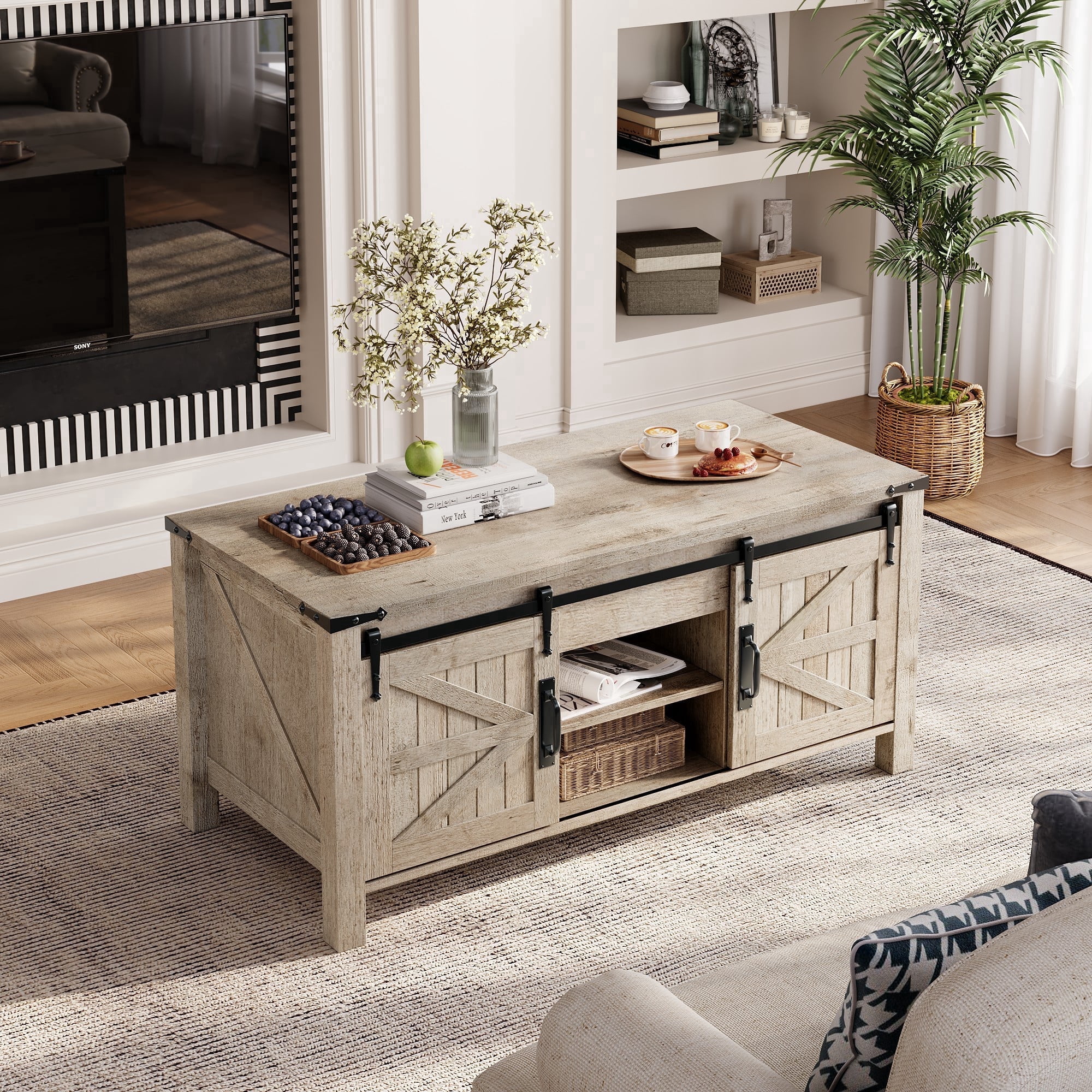 Keywhat 48" Farmhouse Lift Top Coffee Table with Sliding Barn Door and Hidden Storage Compartment for Living Room, Office, Light Rustic Oak