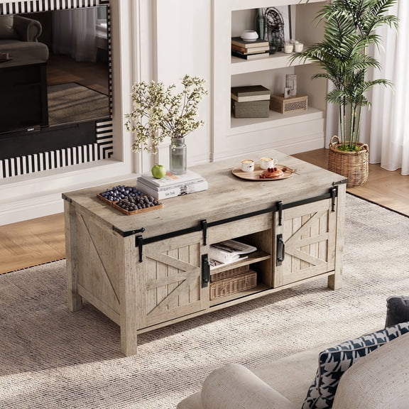 Keywhat 48" Farmhouse Lift Top Coffee Table with Sliding Barn Door and Hidden Storage Compartment for Living Room, Office, Light Rustic Oak
