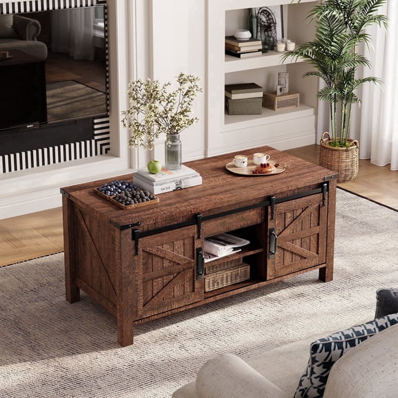 Keywhat 48" Farmhouse Lift Top Coffee Table with Sliding Barn Door and Hidden Storage Compartment for Living Room, Office , Reclaimed Barnwood