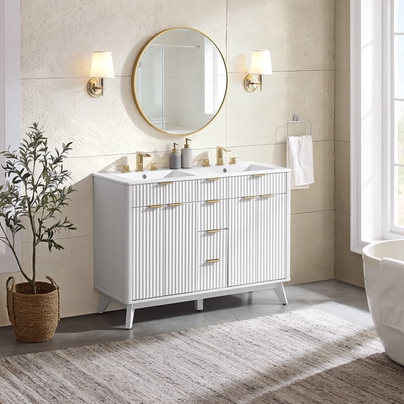 Keywhat 48" Fluted Bathroom Vanity with Sink, Modern Bathroom Storage Cabinet with Soft Closing Doors & Adjustable Shelf, Classic Wood Grain Texture, Large Capacity - White
