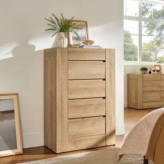 Keywhat 5 Drawer Dresser for Bedroom, Modern Minimalist Storage Chest with Handleless Design, Silent Metal Slides, Deep and Shallow Drawers for Bedroom Living Room,Natural Oak