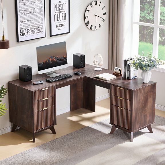 Keywhat 60" Farmhouse Rustic Executive Desk, Home Office Computer Workstation with Charging Station, 4 Drawers & File Cabinet, Dark Walnut Finish