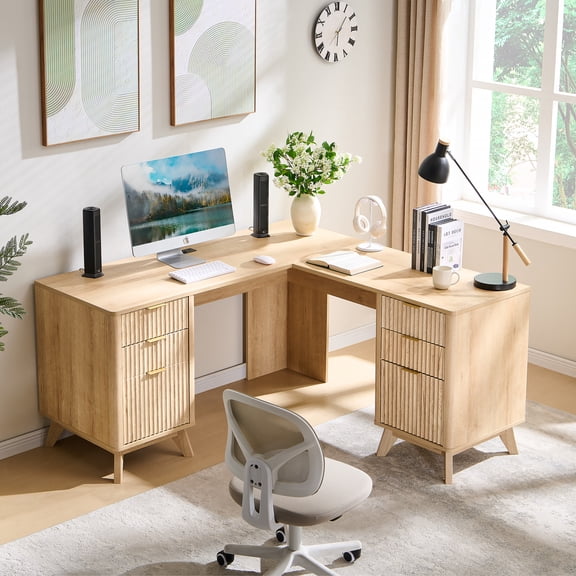 Keywhat 60" Farmhouse Rustic Executive Desk, Home Office Computer Workstation with Charging Station, 4 Drawers & File Cabinet, Natural Oak Finish