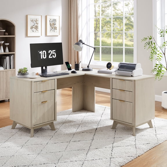 Keywhat 60" Farmhouse Rustic Executive Desk, Home Office Computer Workstation with Charging Station, 4 Drawers & File Cabinet, White Alder Finish