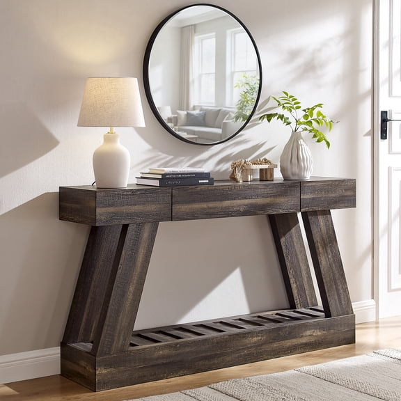 Keywhat 60" Modern Farmhouse Entryway Table – Drawers & Open Shelves, Rustic Console for Hallway, Living Room or Dining Buffet,Dark Antique Oak