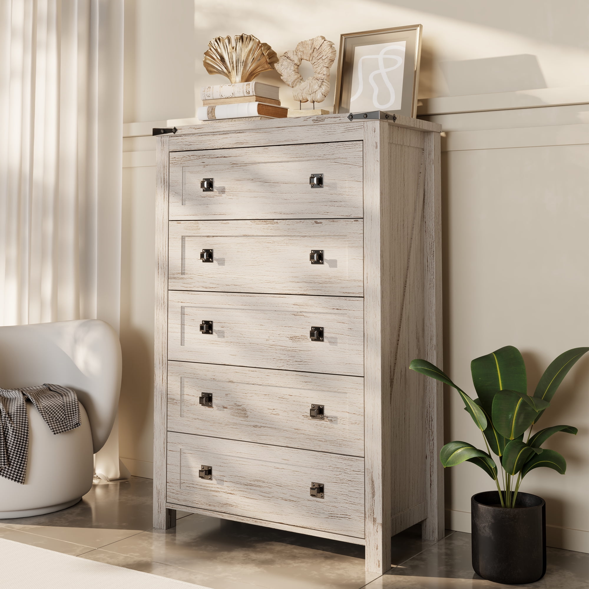 Keywhat Farmhouse 5 Drawer Dresser for Bedroom, Chest of Drawers Wood Organizer for Living Room, Antique Brush White