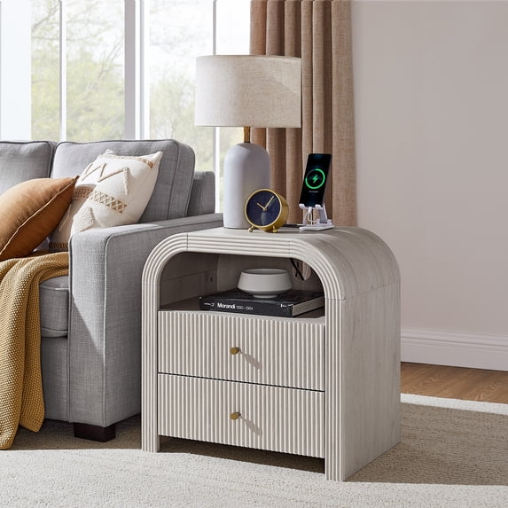 Keywhat Fluted Nightstand with Charging Station, Modern End Table with 2 Drawers and Metal Handles for Bedroom/Living Room, Alder White