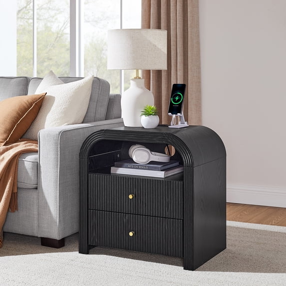 Keywhat Fluted Nightstand with Charging Station, Modern End Table with 2 Drawers and Metal Handles for Bedroom/Living Room, Black Oak