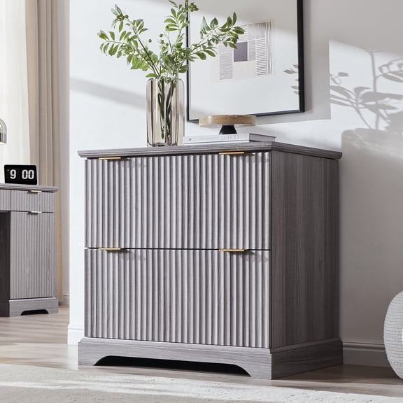 IFMust Lateral 2 Drawers Filing Cabinet with Charging Station, 30.2" W Sturdy Modern Fluted Wood Office Furniture for Letter/Legal/A4, Grey
