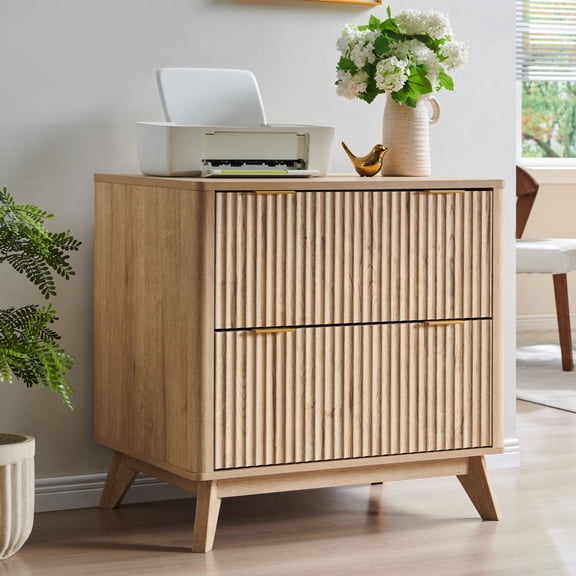 Keywhat Lateral File Cabinets with 2 Drawers, Modern Large Filing Organization with Fluted Texture Design for Letter/Legal/A4 Size Files, Home Office, Natrual Oak