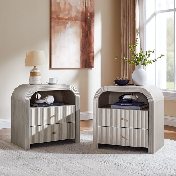 Keywhat Modern Fluted Nightstand set of 2, 24" End Table with Charging Station, 2 Drawers and Metal Handles for Bedroom/Living Room, Alder White