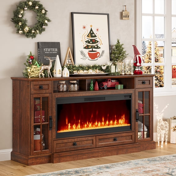 Keywhat Rustic TV Stand for 80 inch TV, Fireplace TV Console with 42 inch Electric Fireplace, 2 Cabinets and 4 Drawers, Farmhouse Entertainment Center with Open Shelf, Media Console for Living Room