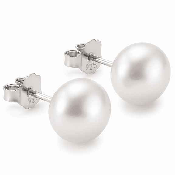 Kezef 10.5mm Genuine White Freshwater Cultured Pearl Stud Earrings for Women with Rhodium-Plated 925 Sterling Silver Posts