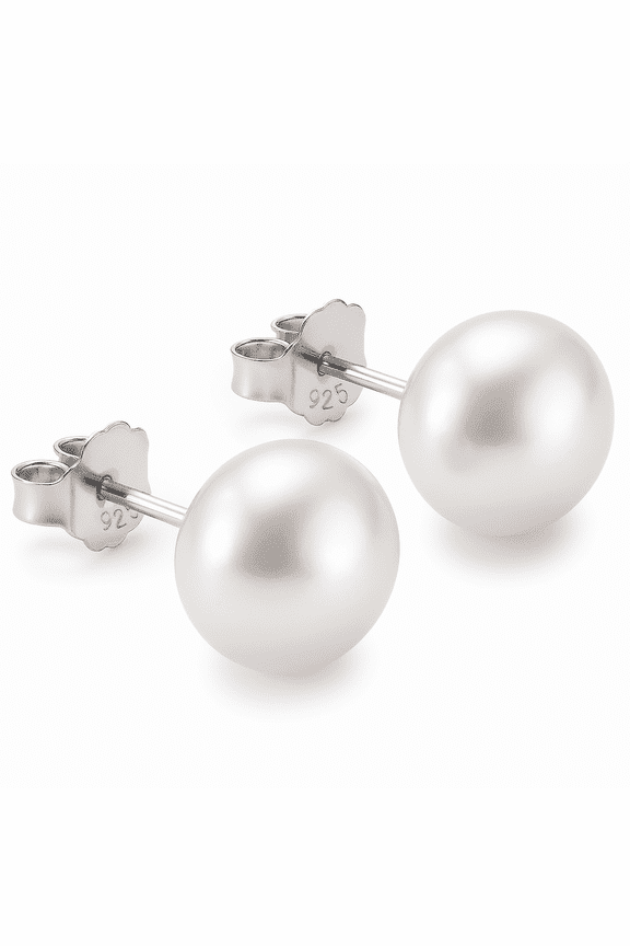 10.5mm Genuine White Freshwater Cultured Pearl Stud Earrings for Women with Rhodium-Plated 925 Sterling Silver Posts