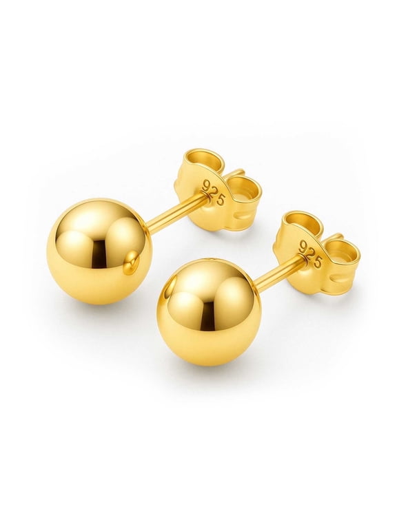 Women's 14K Gold Plated Polished Sterling Silver Round 10mm Ball Bead Stud Earrings