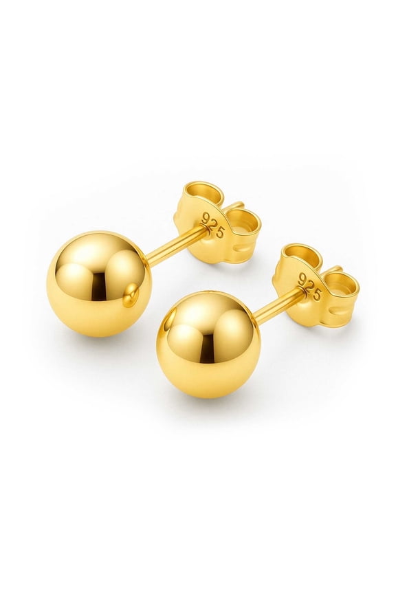 14K Gold Plated Polished Sterling Silver Round 3mm Ball Bead Stud Earrings