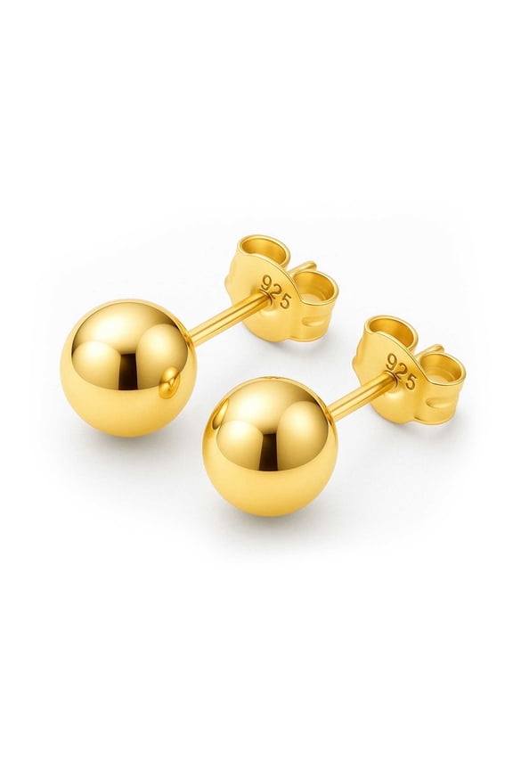14K Gold Plated Polished Sterling Silver Round 8mm Ball Bead Stud Earrings