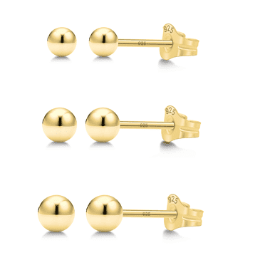 Kezef 14K Gold over 925 Silver Round Ball Stud Earring 3-Size Set - 2mm to 4mm - Hypoallergenic