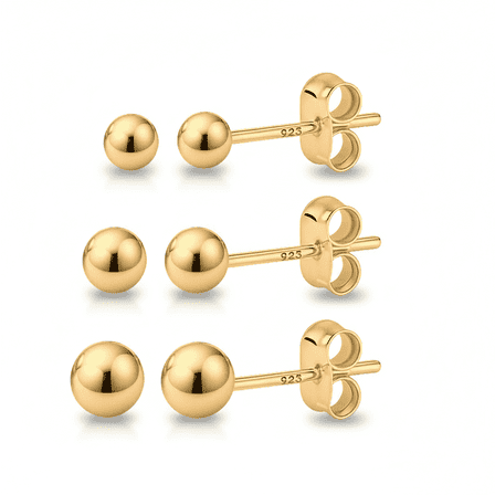 Kezef 14K Gold over 925 Silver Round Ball Stud Earring 3-Size Set - 2mm to 4mm - Hypoallergenic