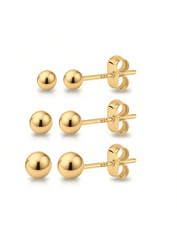 14K Gold over 925 Silver Round Ball Stud Earring 3-Size Set - 2mm to 4mm - Hypoallergenic