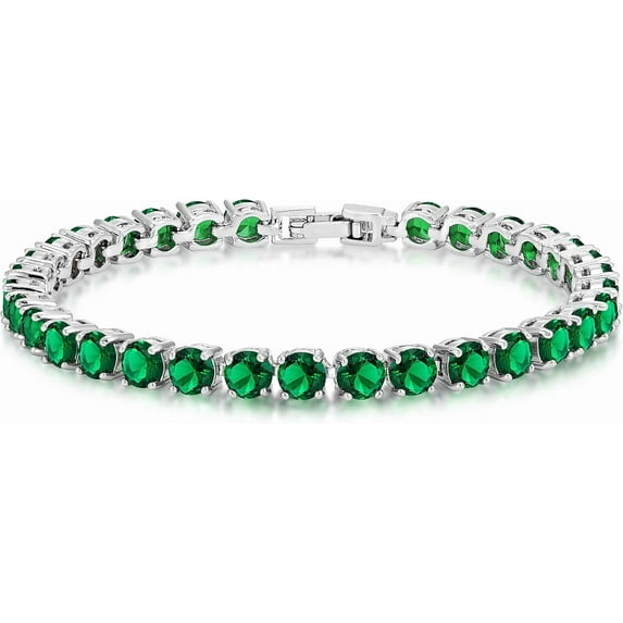Kezef 5mm Round Cut Simulated Green Emerald Tennis Bracelet in Sterling Silver Plate for Women, 7"