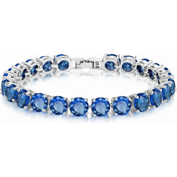 Kezef 7mm Round Cut Simulated Blue Sapphire Tennis Bracelet in Sterling Silver Plate for Women, 7"