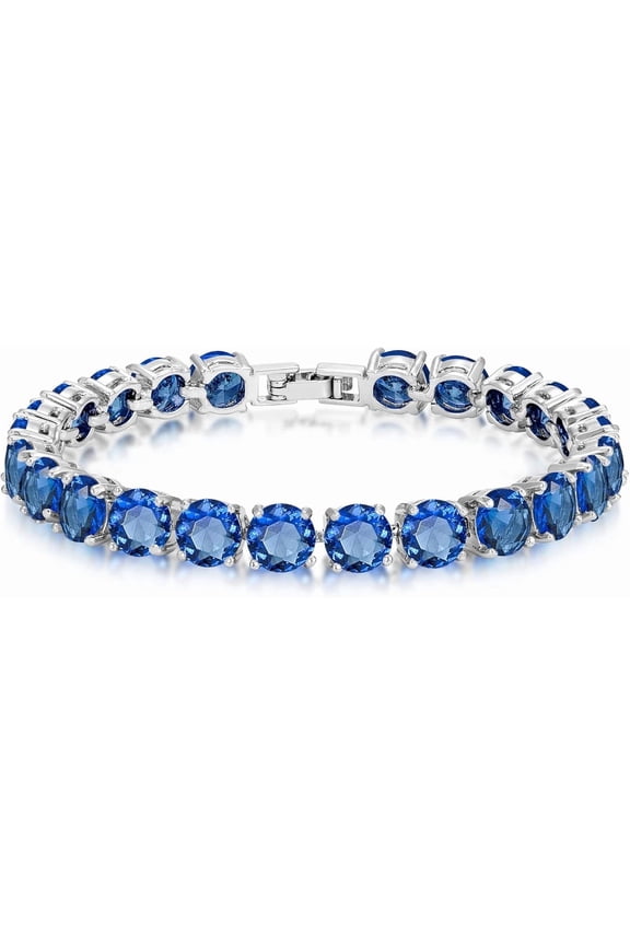 7mm Round Cut Simulated Blue Sapphire Tennis Bracelet in Sterling Silver Plate for Women, 7"