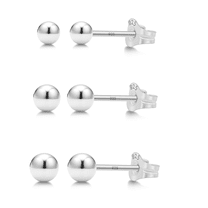 Kezef 925 Sterling Silver Round Ball Stud Earring 3-Size Set - 2mm to 4mm - Hypoallergenic