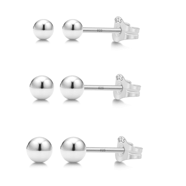 Kezef 925 Sterling Silver Round Ball Stud Earring 3-Size Set - 2mm to 4mm - Hypoallergenic