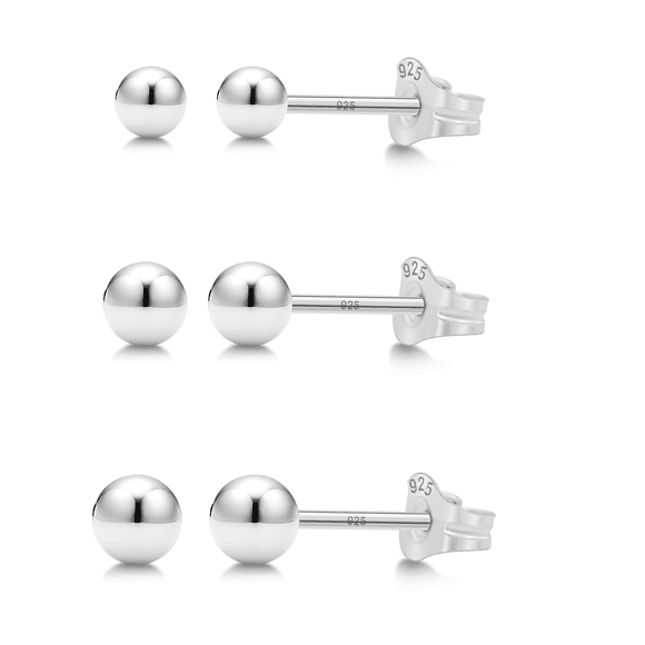 Kezef 925 Sterling Silver Round Ball Stud Earring 3-Size Set - 2mm to 4mm - Hypoallergenic